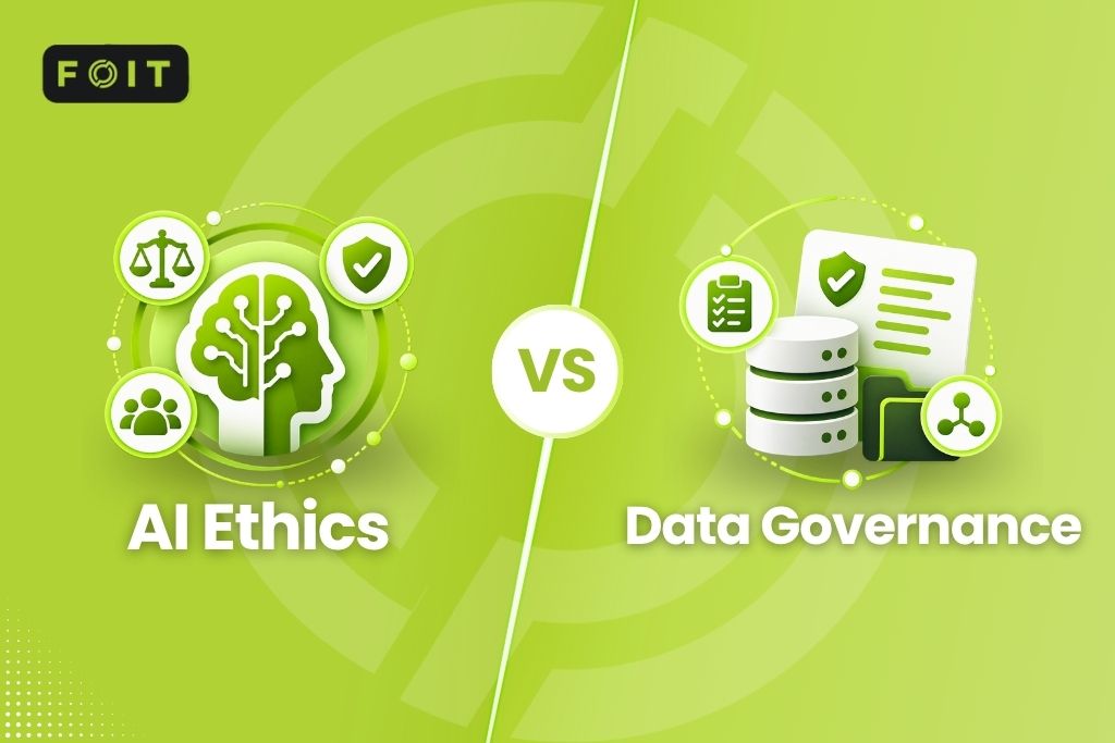 How does AI governance differ from AI ethics and data governance